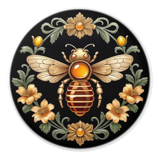 Art Nouveau Bee on Black Keramikknauf (Vorderseite)