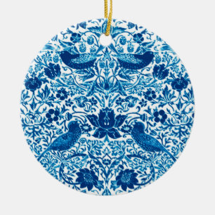 Art Nouveau Bird and Blume Tapestes, Blue & White Keramik Ornament