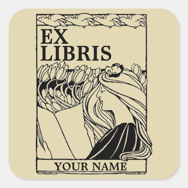 Art Nouveau Birds & Girl Reading Book Ex Libris Quadratischer Aufkleber (Vorderseite)