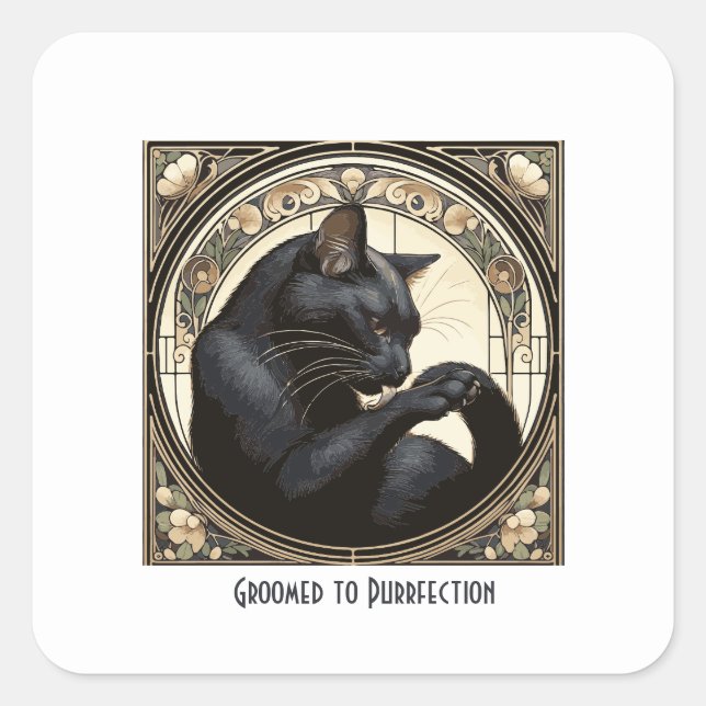 Art Nouveau Black Cat Clearing Design Quadratischer Aufkleber (Vorderseite)
