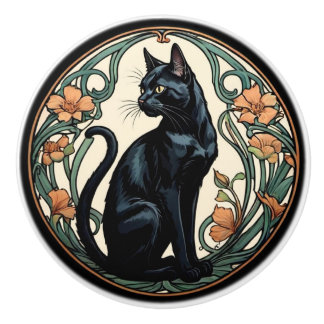 Art Nouveau Black Cat Keramikknauf