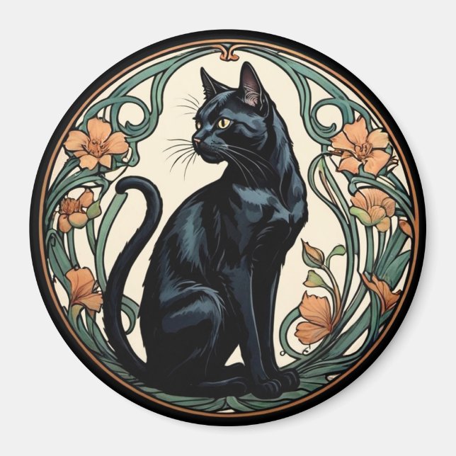 Art Nouveau Black Cat Magnet (Vorne)