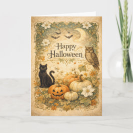Art Nouveau Black Cat Owl Halloween Karte