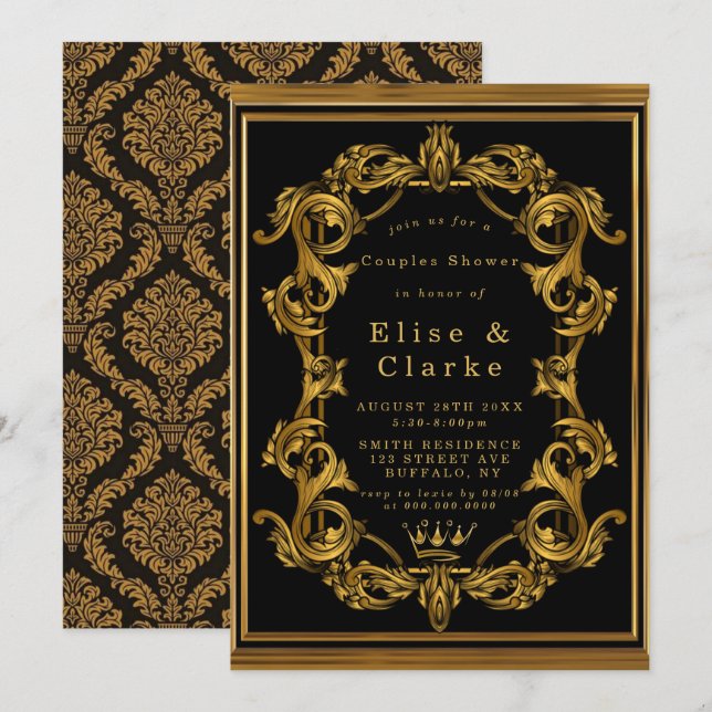 Art Nouveau Black Gold Royal Paare Dusche einladen (Vorne/Hinten)