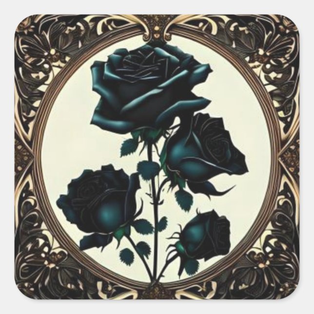 Art Nouveau Black Rose Blumendesign Quadratischer Aufkleber (Vorderseite)