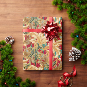 Art Nouveau Blätter Weihnachten Rot/Grün/Gold Geschenkpapier