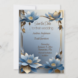 Art nouveau blue and gold lotus flowers wedding save the date