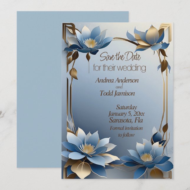 Art nouveau blue and gold lotus flowers wedding save the date (Vorne/Hinten)