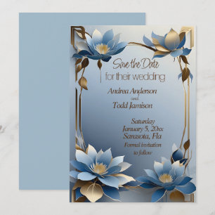 Art nouveau blue and gold lotus flowers wedding save the date