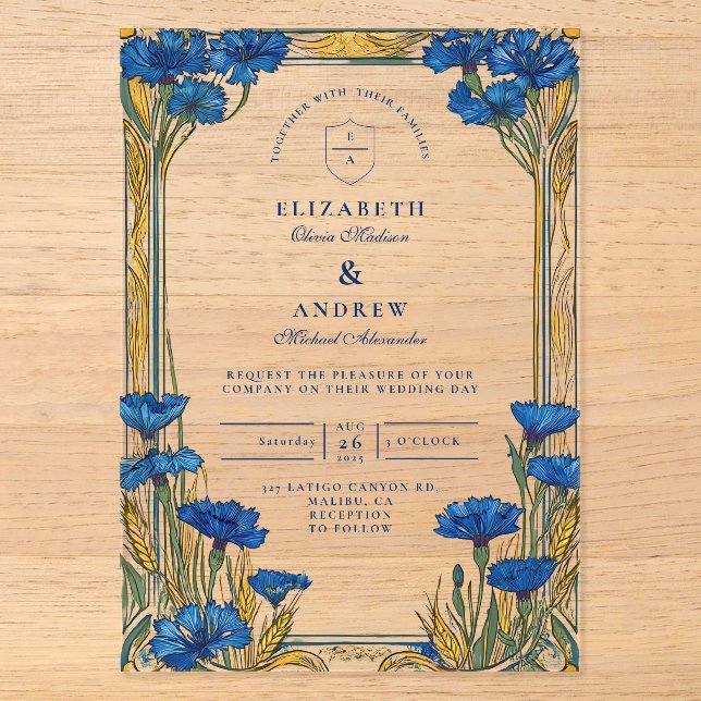 Art Nouveau Blue Cornflower Wedding Acryleinladungen (Vorderseite)