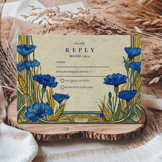 Art Nouveau Blue Cornflower Wedding RSVP Karte (Von Creator hochgeladen)