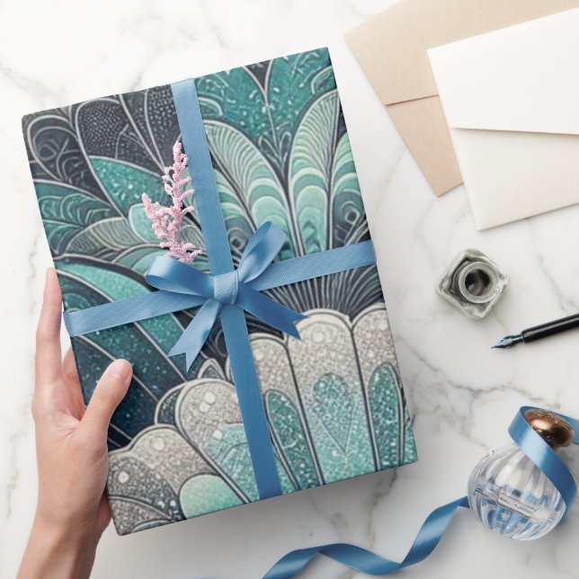 Art Nouveau Blue und Silver Fans Geschenkpapier (Schenken)