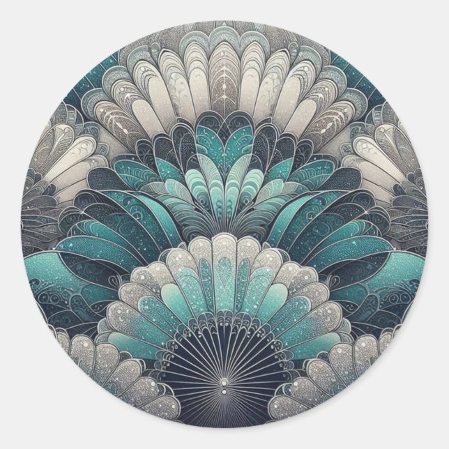Art Nouveau Blue und Silver Fans Runder Aufkleber (Vorderseite)