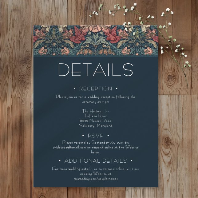 Art Nouveau Blue William Morris Floral Wedding Begleitkarte (Art Nouveau Blue William Morris Floral Wedding Enclosure Card)