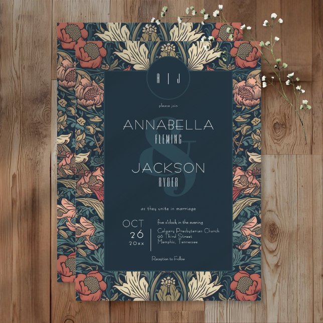 Art Nouveau Blue William Morris Floral Wedding Einladung (Art Nouveau Blue William Morris Floral Wedding Invitation)