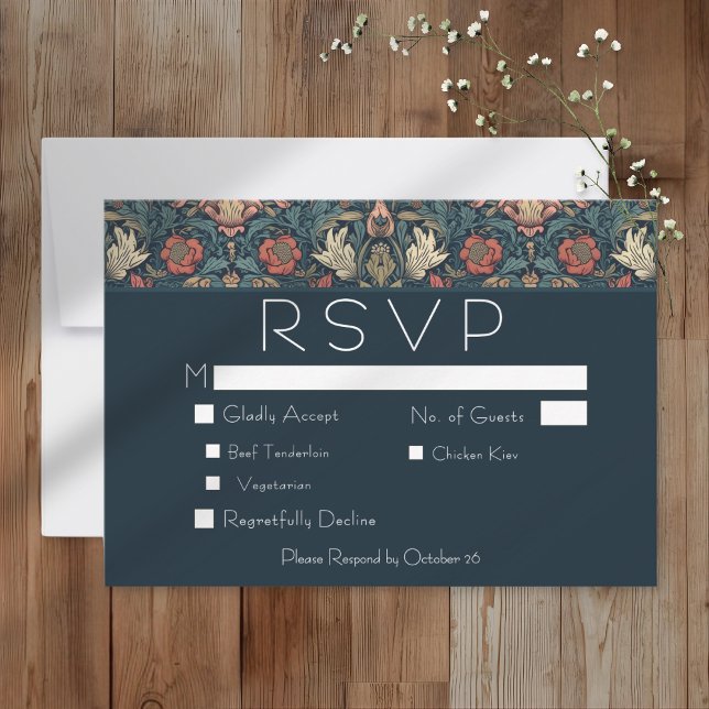 Art Nouveau Blue William Morris Floral Wedding RSVP Karte (Art Nouveau Blue William Morris Floral Wedding RSVP Card)