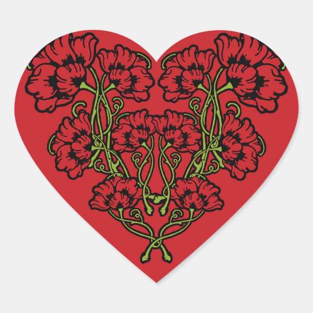Art Nouveau Blumen Heart Red Herz-Aufkleber (Vorderseite)