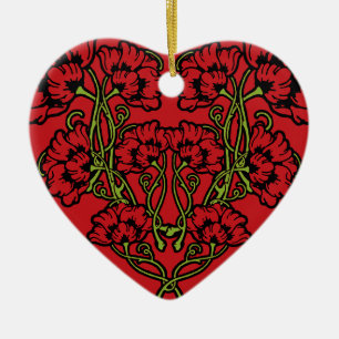 Art Nouveau-Blumen-Herz Rot Keramik-Ornament Keramik Ornament