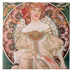 Art Nouveau Blumenfrau Mucha Französisch Grün Fliese