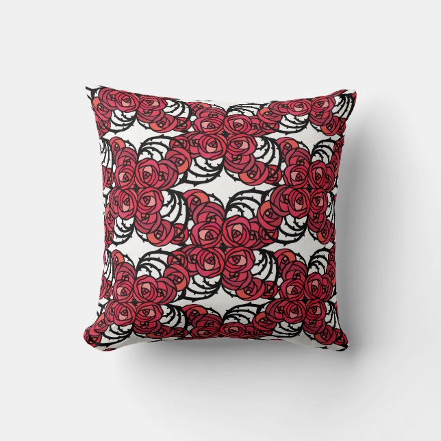 Art Nouveau Blumenmuster Rot und Schwarz Rose Desi Kissen (Vorderseite)