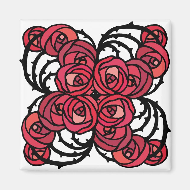 Art Nouveau Blumenmuster Rot und Schwarz Rose Desi Magnet (Vorne)