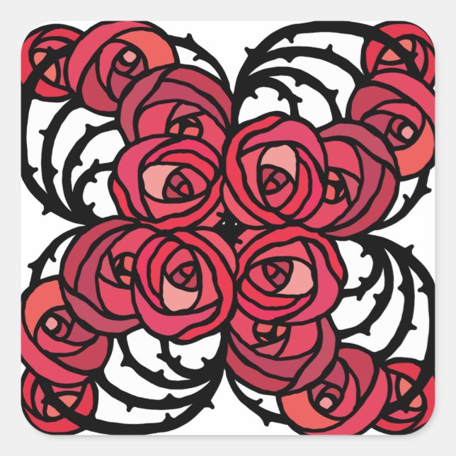 Art Nouveau Blumenmuster Rot und Schwarz Rose Desi Quadratischer Aufkleber (Vorderseite)