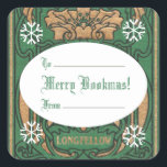 Art Nouveau Bookmas (Christmas Square Sticker) Quadratischer Aufkleber<br><div class="desc">Dieses Merry Bookmas (Weihnachten) Art Nouveau Design verfügt über einen Hintergrund angepasst aus einem Buch von Longfellow in grün und gold. Sicher, alle, die schöne alte Bücher schätzen, darunter: Leser, Schriftsteller, Mitglieder des Buchklubs, Bibliophile, Buchwürmer, Bibliothekare, und Buchliebhaber aller Art.</div>