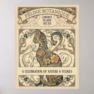 Art Nouveau Botanical Feline Ornamental Art Poster