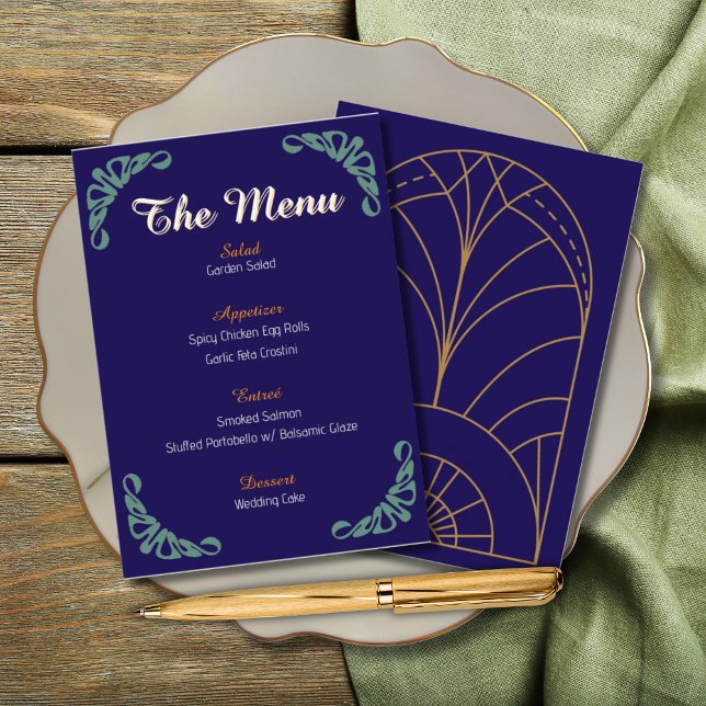 Art Nouveau Botanique Floral Blue Menu (Créateur téléchargé)