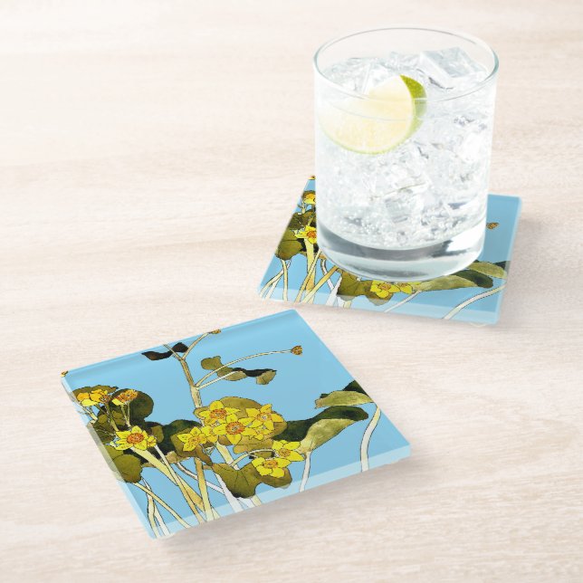 Art Nouveau Buttercups Glasuntersetzer (Schrägansicht)