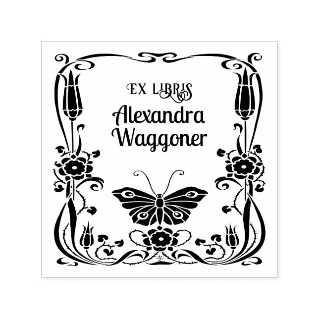 Art Nouveau Butterfly Frame Ex Libris Bibliothek B Permastempel (Design)