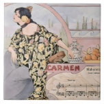 Art Nouveau Carmen Habanera Print – Vintage Opera  Fliese<br><div class="desc">This elegant Art Nouveau–inspired illustration captures the timeless allure of Carmen in a serene Mediterranean setting. A graceful dark-haired woman adorned with a golden flower gazes into the distance, draped in a flowing floral kimono rich with yellow and blush blooms. Beside her rests a tambourine, a ceramic jug, ripe oranges,...</div>