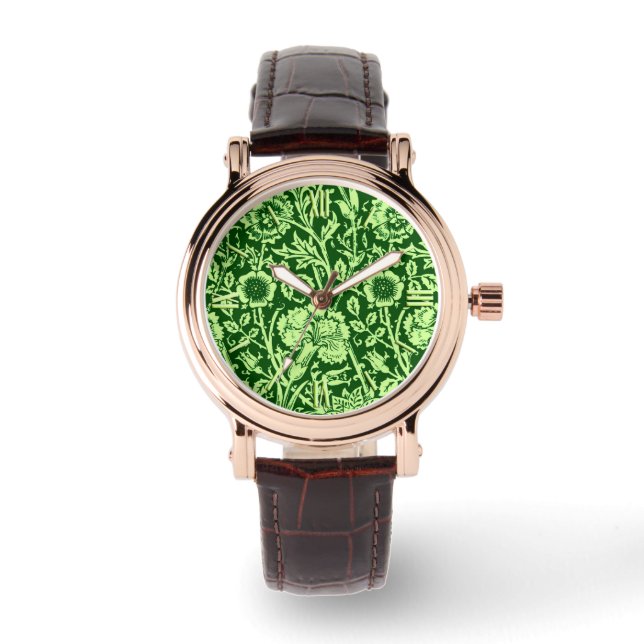 Art Nouveau Carnation Damask, Forest Green Armbanduhr (Vorderseite)