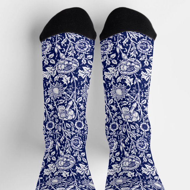 Art Nouveau Carnation Damask, Navy Blue and White Socken (Oben)