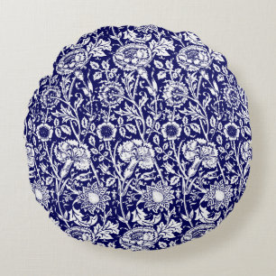 Art Nouveau Carnation Damask, Navy und White Rundes Kissen