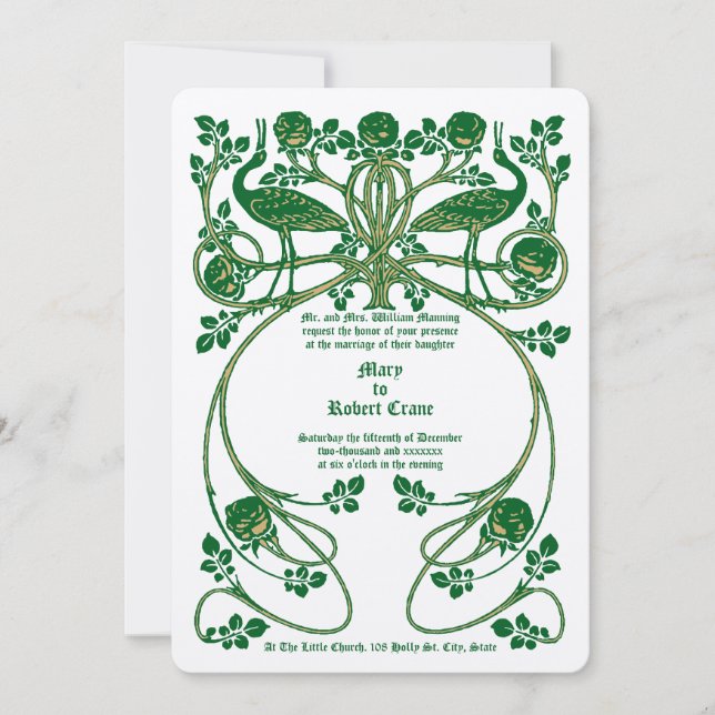 Art Nouveau Cranes in Rose Bush Wedding Einladung (Vorderseite)