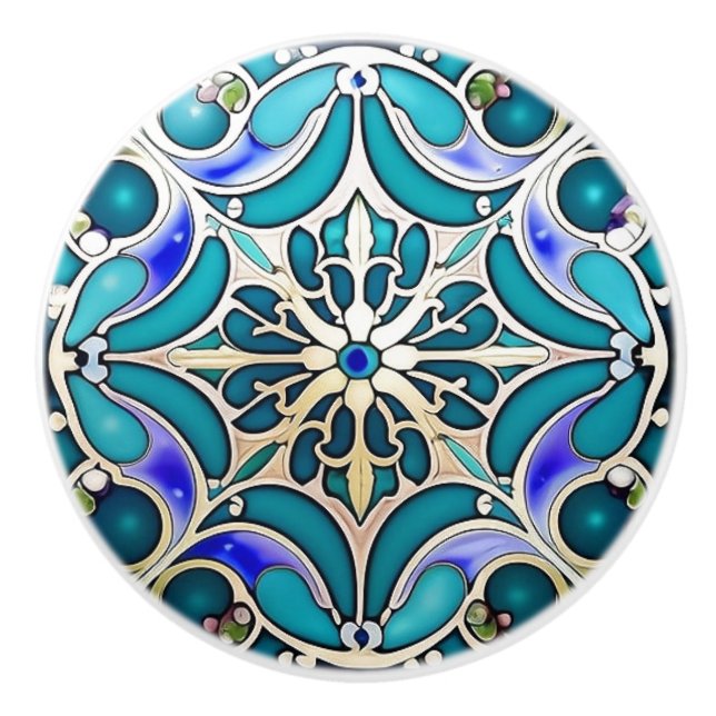 Art Nouveau Cream Aqua Blue Geometric Keramikknauf (Vorderseite)