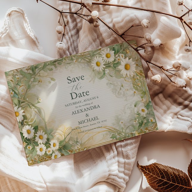Art Nouveau Daisies Ivory Green Wedding Rettete Th Save The Date (Von Creator hochgeladen)