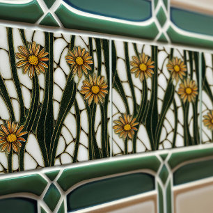 Art Nouveau Daisies Nahtlose weiße grüne Blumen Fliese