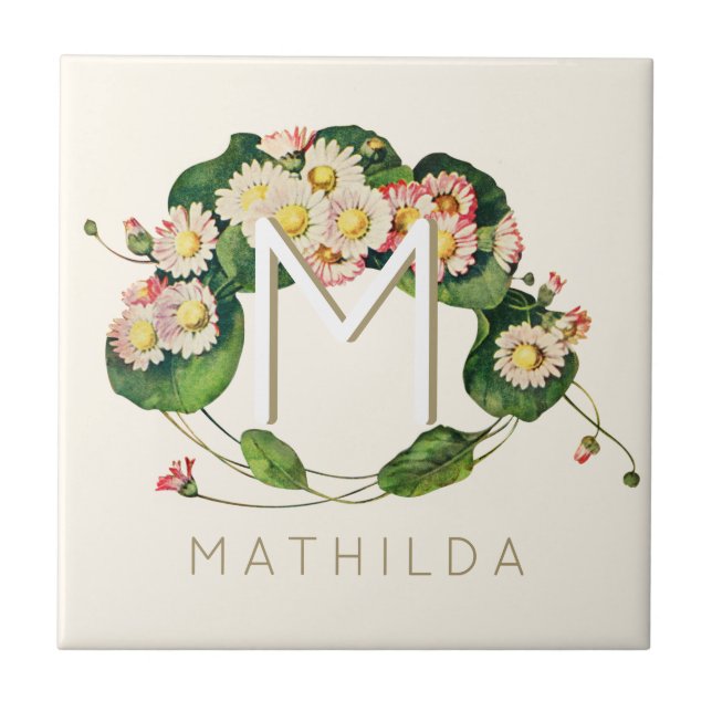 Art Nouveau Daisies Wreath Monogram zum Personalis Fliese (Vorderseite)