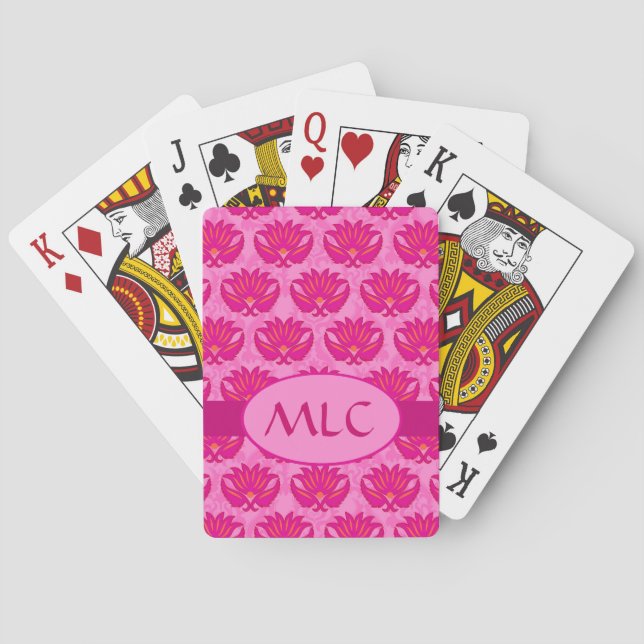 Art Nouveau Damask Monogram Hot Pink Spielkarten (Rückseite)