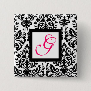 ART NOUVEAU DAMASK SQUARE MONOGRAM, rosa Fuchsia Button