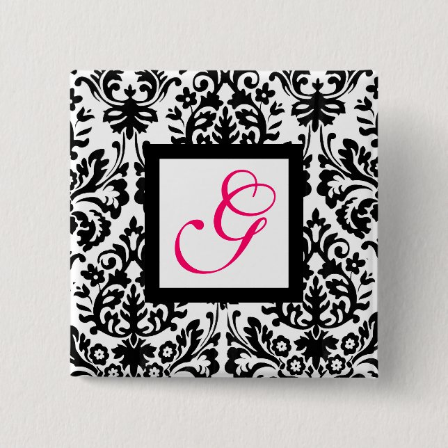 ART NOUVEAU DAMASK SQUARE MONOGRAM, rosa Fuchsia Button (Vorderseite)