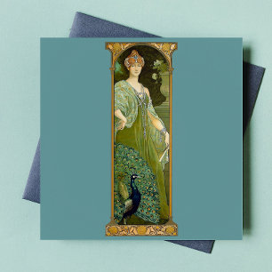 Art Nouveau Dame & Pfau Vintage-Illustration  Fliese