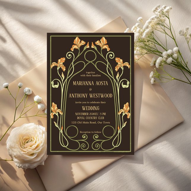 Art nouveau dark brown elegant wedding einladung (Art nouveau dark brown floral arch elegant wedding invitation cards template)