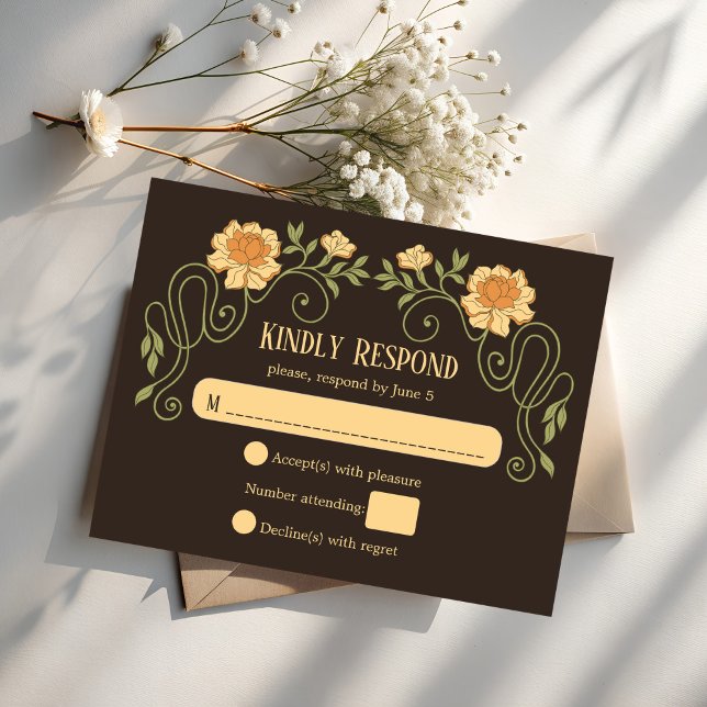 Art nouveau dark brown elegant wedding RSVP karte (Art nouveau dark brown flower arch elegant wedding invitation RSVP cards moody noir dark invitations)