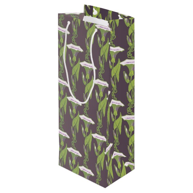 Art Nouveau dark Ipomoea Tapete Geschenktüte Für Weinflaschen (Rückseite Schrägansicht)