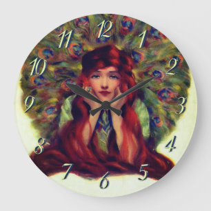 Art nouveau deco elegante Frau Pfauenfedern Große Wanduhr