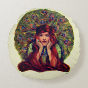 Art nouveau deco elegante Frau Pfauenfedern Rundes Kissen