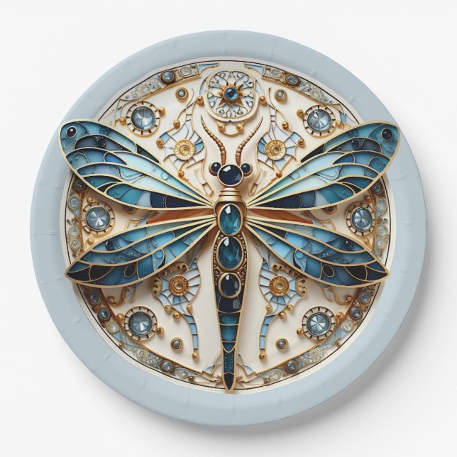 Art Nouveau Dragonfly Sapphires Pappteller (Vorderseite)